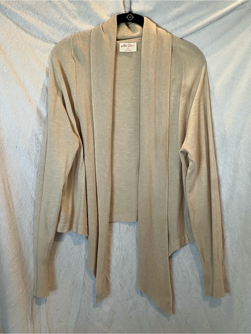 Allie Rose Light Beige Open-Front Ribbed Drape Cardigan